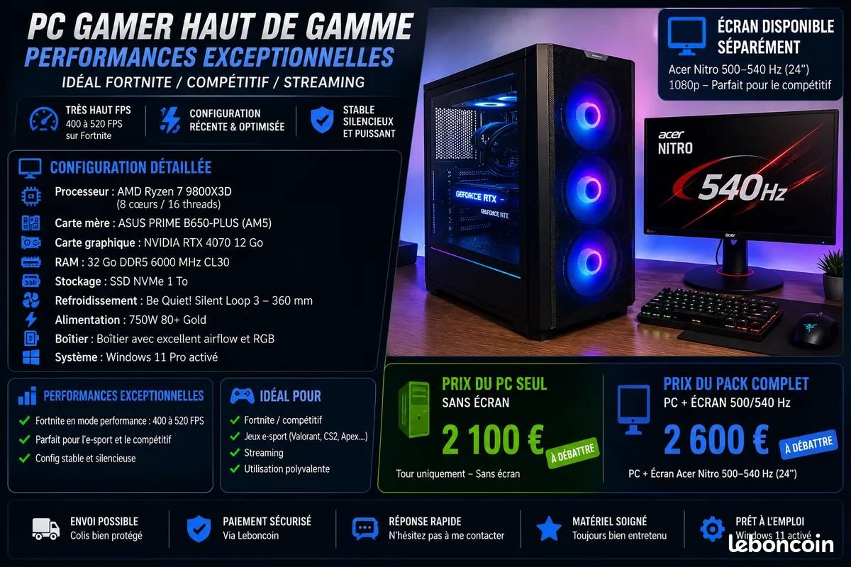PC Gamer Ryzen 7 9800X3D + RTX 4070 – 32 Go DDR5 – Très haut FPS — photo 2