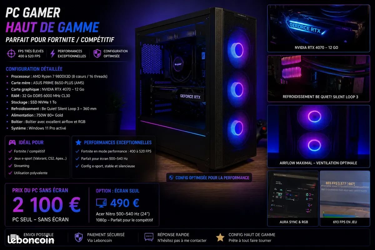 PC Gamer Ryzen 7 9800X3D + RTX 4070 – 32 Go DDR5 – Très haut FPS — photo 3