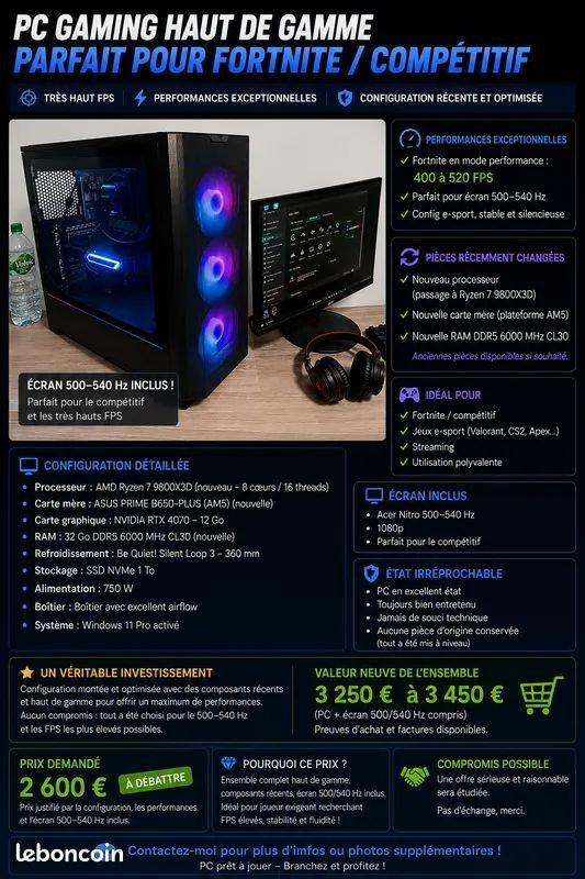 PC Gamer Ryzen 7 9800X3D + RTX 4070 – 32 Go DDR5 – Très haut FPS